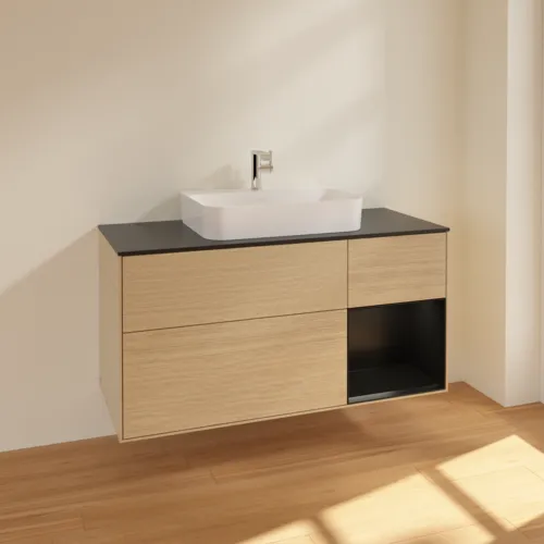 VILLEROY BOCH Toaletní skříňka Finion, s osvětlením, 3 výsuvy, 1200 x 603 x 501 mm, dubová dýha / černý matný lak / černé matné sklo #F422PDPC, obrázek 2