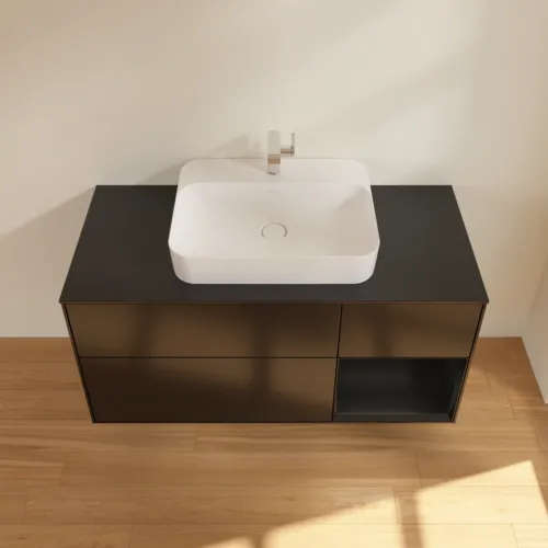 VILLEROY BOCH Toaletní skříňka Finion, s osvětlením, 3 výsuvy, 1200 x 603 x 501 mm, černý matný lak / černý matný lak / černé matné sklo #F422PDPD, obrázek 4