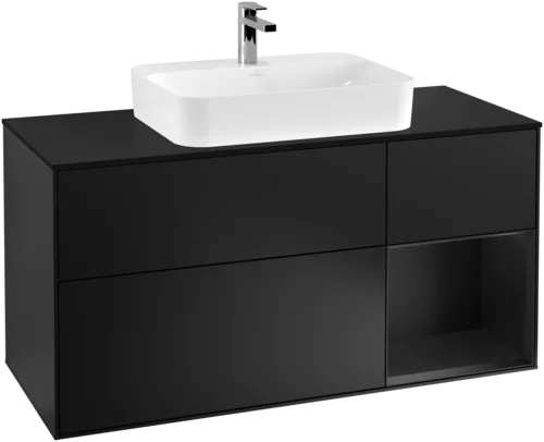 VILLEROY BOCH Toaletní skříňka Finion, s osvětlením, 3 výsuvy, 1200 x 603 x 501 mm, černý matný lak / černý matný lak / černé matné sklo #F422PDPD, obrázek 1