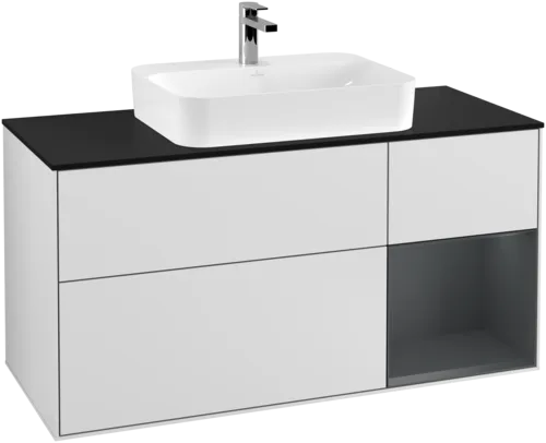 VILLEROY BOCH Toaletní skříňka Finion, s osvětlením, 3 výsuvy, 1200 x 603 x 501 mm, bílý matný lak / půlnoční modrý matný lak / černé matné sklo #F422HGMT