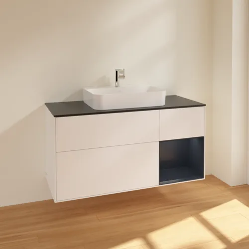 VILLEROY BOCH Toaletní skříňka Finion, s osvětlením, 3 výsuvy, 1200 x 603 x 501 mm, bílý matný lak / půlnoční modrý matný lak / černé matné sklo #F422HGMT, obrázek 2