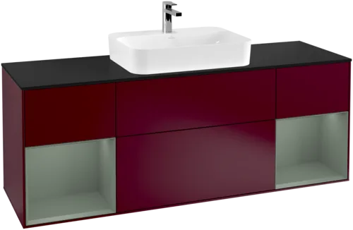 VILLEROY BOCH Toaletní skříňka Finion, s osvětlením, 4 výsuvy, 1600 x 603 x 501 mm, Pivoňka matný lak / Olivový matný lak / Sklo černé matné #F452GMHB