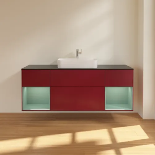 VILLEROY BOCH Toaletní skříňka Finion, s osvětlením, 4 výsuvy, 1600 x 603 x 501 mm, Pivoňka matný lak / Olivový matný lak / Sklo černé matné #F452GMHB, obrázek 3