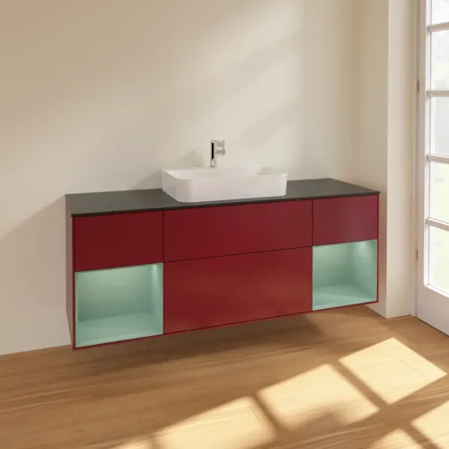 VILLEROY BOCH Toaletní skříňka Finion, s osvětlením, 4 výsuvy, 1600 x 603 x 501 mm, Pivoňka matný lak / Olivový matný lak / Sklo černé matné #F452GMHB, obrázek 2