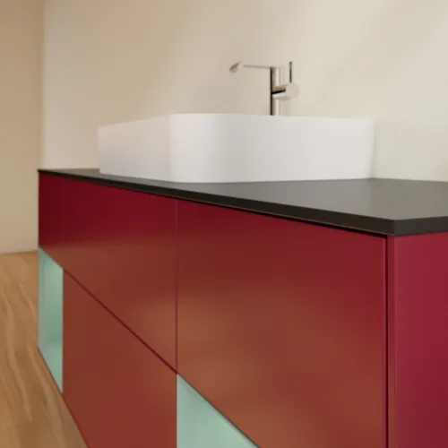 VILLEROY BOCH Toaletní skříňka Finion, s osvětlením, 4 výsuvy, 1600 x 603 x 501 mm, Pivoňka matný lak / Olivový matný lak / Sklo černé matné #F452GMHB, obrázek 5