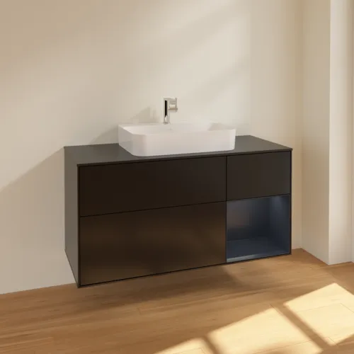 VILLEROY BOCH Toaletní skříňka Finion, s osvětlením, 3 výsuvy, 1200 x 603 x 501 mm, černý matný lak / půlnoční modrý matný lak / černé matné sklo #F422HGPD, obrázek 2