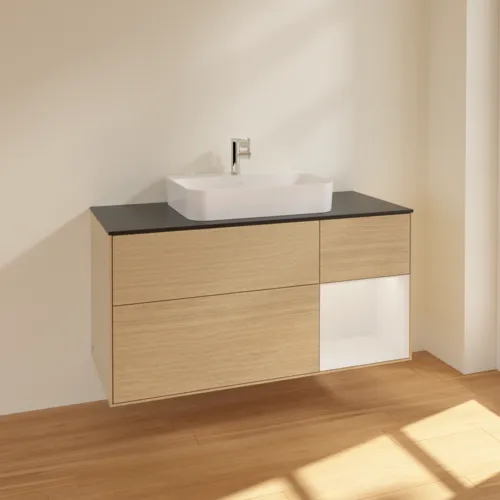 VILLEROY BOCH Toaletní skříňka Finion, s osvětlením, 3 výsuvy, 1200 x 603 x 501 mm, dubová dýha / lesklý bílý lak / černé matné sklo #F422GFPC, obrázek 2
