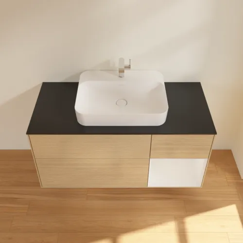 VILLEROY BOCH Toaletní skříňka Finion, s osvětlením, 3 výsuvy, 1200 x 603 x 501 mm, dubová dýha / lesklý bílý lak / černé matné sklo #F422GFPC, obrázek 4