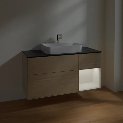 VILLEROY BOCH Toaletní skříňka Finion, s osvětlením, 3 výsuvy, 1200 x 603 x 501 mm, dubová dýha / lesklý bílý lak / černé matné sklo #F422GFPC, obrázek 5