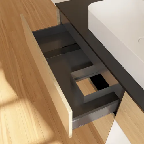 VILLEROY BOCH Toaletní skříňka Finion, s osvětlením, 3 výsuvy, 1200 x 603 x 501 mm, dubová dýha / lesklý bílý lak / černé matné sklo #F422GFPC, obrázek 8