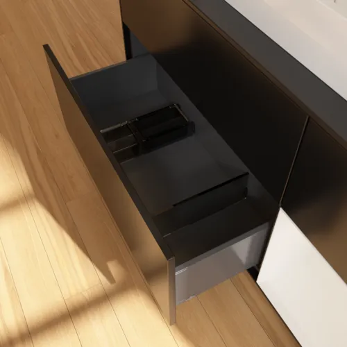 VILLEROY BOCH Toaletní skříňka Finion, s osvětlením, 3 výsuvy, 1200 x 603 x 501 mm, černý matný lak / bílý lesklý lak / černé matné sklo #F422GFPD, obrázek 7