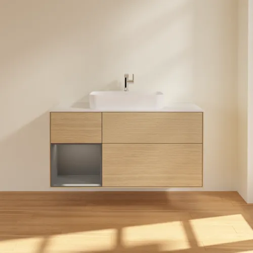 VILLEROY BOCH Toaletní skříňka Finion, s osvětlením, 3 výsuvy, 1200 x 603 x 501 mm, dubová dýha / antracitový matný lak / bílé matné sklo #F411GKPC, obrázek 3