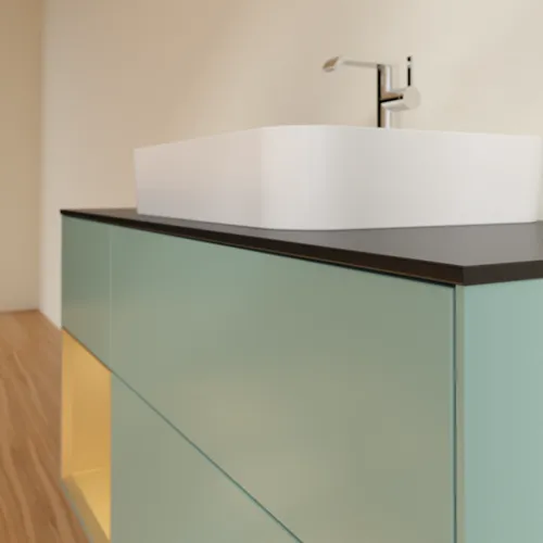 VILLEROY BOCH Toaletní skříňka Finion, s osvětlením, 3 výsuvy, 1200 x 603 x 501 mm, olivový matný lak / zlatý matný lak / černé matné sklo #F412HFGM, obrázek 6