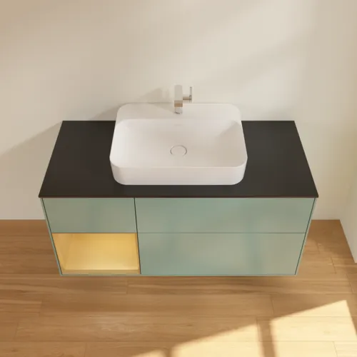 VILLEROY BOCH Toaletní skříňka Finion, s osvětlením, 3 výsuvy, 1200 x 603 x 501 mm, olivový matný lak / zlatý matný lak / černé matné sklo #F412HFGM, obrázek 4