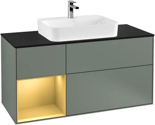 VILLEROY BOCH Toaletní skříňka Finion, s osvětlením, 3 výsuvy, 1200 x 603 x 501 mm, olivový matný lak / zlatý matný lak / černé matné sklo #F412HFGM