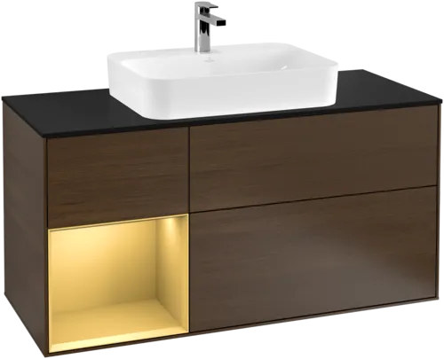 VILLEROY BOCH Toaletní skříňka Finion, s osvětlením, 3 výsuvy, 1200 x 603 x 501 mm, ořechová dýha / zlatý matný lak / černé matné sklo #F412HFGN, obrázek 1