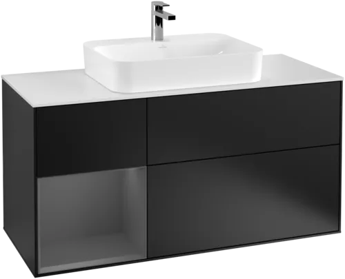 VILLEROY BOCH Toaletní skříňka Finion, s osvětlením, 3 výsuvy, 1200 x 603 x 501 mm, černý matný lak / antracitový matný lak / bílé matné sklo #F411GKPD