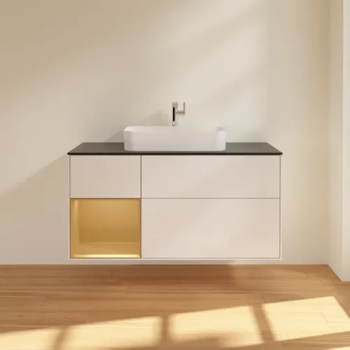 VILLEROY BOCH Toaletní skříňka Finion, s osvětlením, 3 výsuvy, 1200 x 603 x 501 mm, lesklý bílý lak / zlatý matný lak / černé matné sklo #F412HFGF, obrázek 3