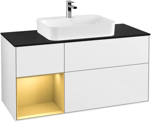 VILLEROY BOCH Toaletní skříňka Finion, s osvětlením, 3 výsuvy, 1200 x 603 x 501 mm, lesklý bílý lak / zlatý matný lak / černé matné sklo #F412HFGF, obrázek 1