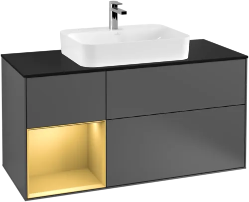 VILLEROY BOCH Toaletní skříňka Finion, s osvětlením, 3 výsuvy, 1200 x 603 x 501 mm, antracit matný lak / zlatý matný lak / černé matné sklo #F412HFGK, obrázek 1