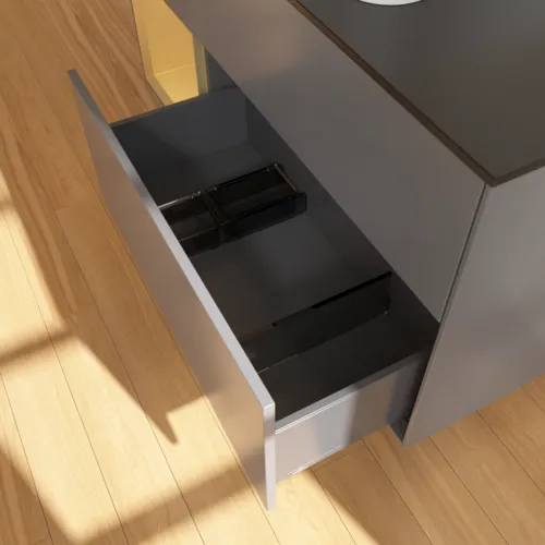 VILLEROY BOCH Toaletní skříňka Finion, s osvětlením, 3 výsuvy, 1200 x 603 x 501 mm, antracit matný lak / zlatý matný lak / černé matné sklo #F412HFGK, obrázek 7