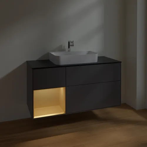 VILLEROY BOCH Toaletní skříňka Finion, s osvětlením, 3 výsuvy, 1200 x 603 x 501 mm, antracit matný lak / zlatý matný lak / černé matné sklo #F412HFGK, obrázek 5