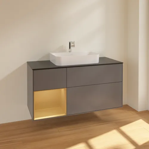 VILLEROY BOCH Toaletní skříňka Finion, s osvětlením, 3 výsuvy, 1200 x 603 x 501 mm, antracit matný lak / zlatý matný lak / černé matné sklo #F412HFGK, obrázek 2