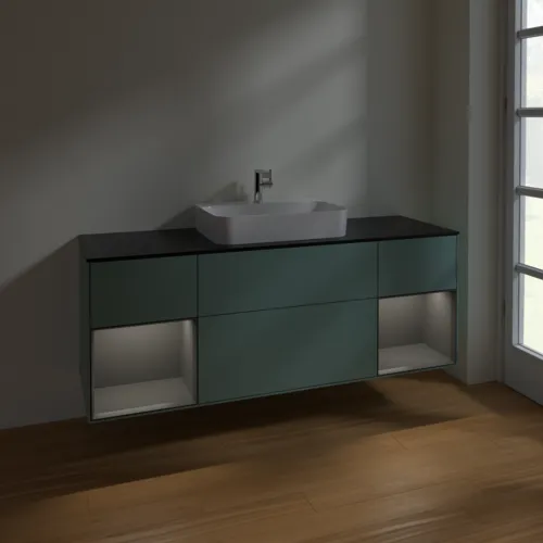 VILLEROY BOCH Toaletní skříňka Finion, s osvětlením, 4 výsuvy, 1600 x 603 x 501 mm, olivový matný lak / antracitový matný lak / černé matné sklo #F452GKGM, obrázek 5
