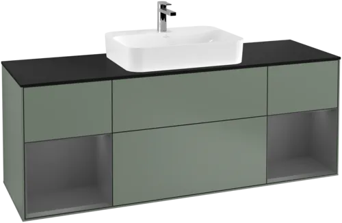 VILLEROY BOCH Toaletní skříňka Finion, s osvětlením, 4 výsuvy, 1600 x 603 x 501 mm, olivový matný lak / antracitový matný lak / černé matné sklo #F452GKGM