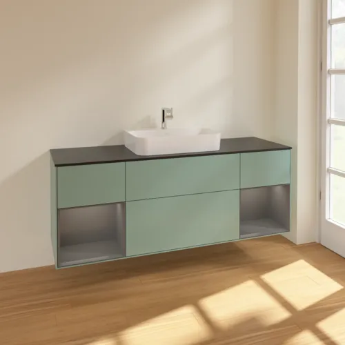 VILLEROY BOCH Toaletní skříňka Finion, s osvětlením, 4 výsuvy, 1600 x 603 x 501 mm, olivový matný lak / antracitový matný lak / černé matné sklo #F452GKGM, obrázek 2