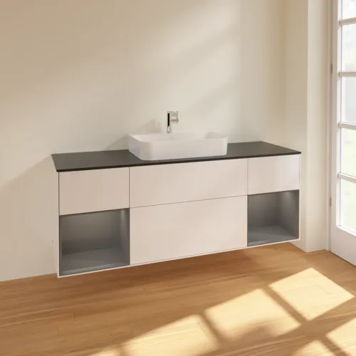 VILLEROY BOCH Toaletní skříňka Finion, s osvětlením, 4 výsuvy, 1600 x 603 x 501 mm, lesklý bílý lak / antracitový matný lak / černé matné sklo #F452GKGF, obrázek 2