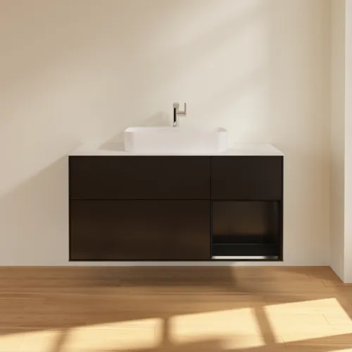 VILLEROY BOCH Toaletní skříňka Finion, s osvětlením, 3 výsuvy, 1200 x 603 x 501 mm, černý matný lak / černý matný lak / sklo bílé matné #F421PDPD, obrázek 3