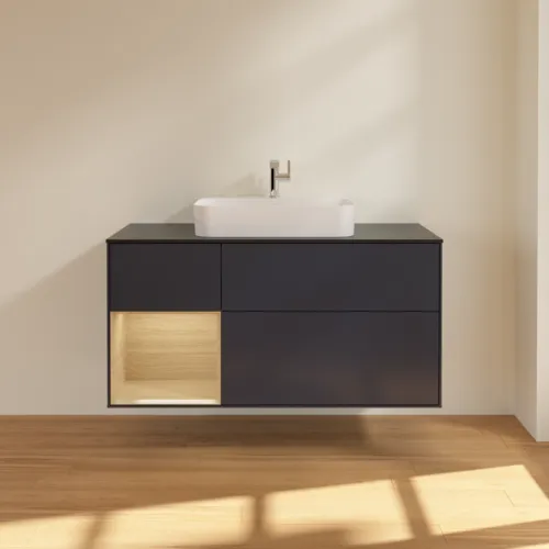 VILLEROY BOCH Toaletní skříňka Finion, s osvětlením, 3 výsuvy, 1200 x 603 x 501 mm, Midnight Blue Matt Lacquer / Oak Veneer / Glass Black Matt #F412PCHG, obrázek 3