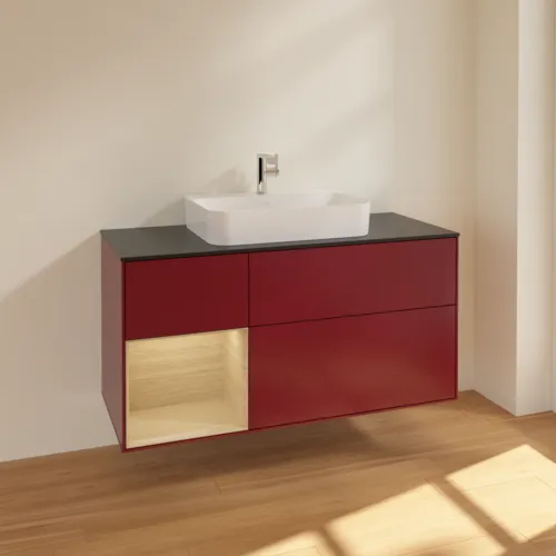 VILLEROY BOCH Toaletní skříňka Finion, s osvětlením, 3 výsuvy, 1200 x 603 x 501 mm, matný lak Peony / dubová dýha / černé matné sklo #F412PCHB, obrázek 2