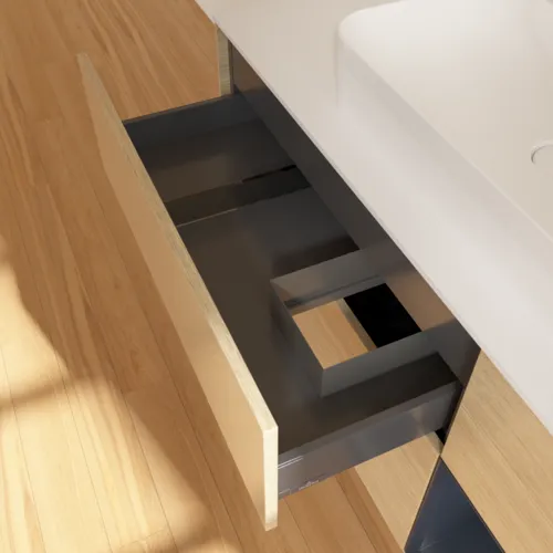 VILLEROY BOCH Toaletní skříňka Finion, s osvětlením, 3 výsuvy, 1200 x 603 x 501 mm, dubová dýha / půlnočně modrý matný lak / bílé matné sklo #F421HGPC, obrázek 8
