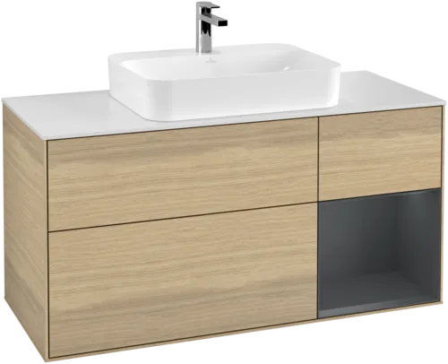 VILLEROY BOCH Toaletní skříňka Finion, s osvětlením, 3 výsuvy, 1200 x 603 x 501 mm, dubová dýha / půlnočně modrý matný lak / bílé matné sklo #F421HGPC
