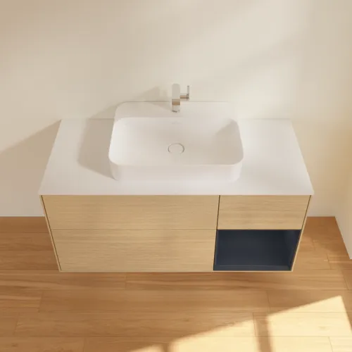 VILLEROY BOCH Toaletní skříňka Finion, s osvětlením, 3 výsuvy, 1200 x 603 x 501 mm, dubová dýha / půlnočně modrý matný lak / bílé matné sklo #F421HGPC, obrázek 4