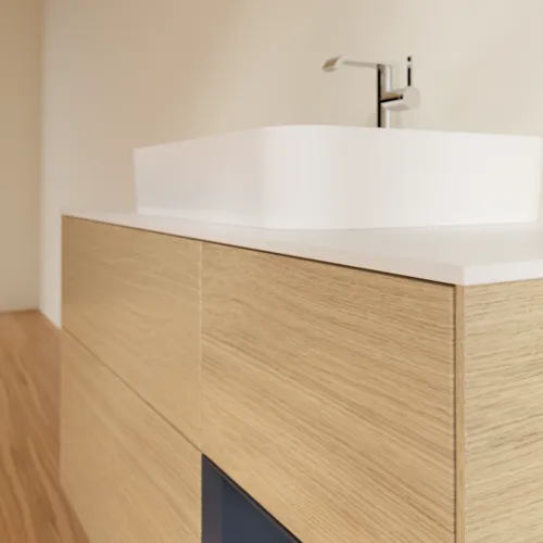 VILLEROY BOCH Toaletní skříňka Finion, s osvětlením, 3 výsuvy, 1200 x 603 x 501 mm, dubová dýha / půlnočně modrý matný lak / bílé matné sklo #F421HGPC, obrázek 6