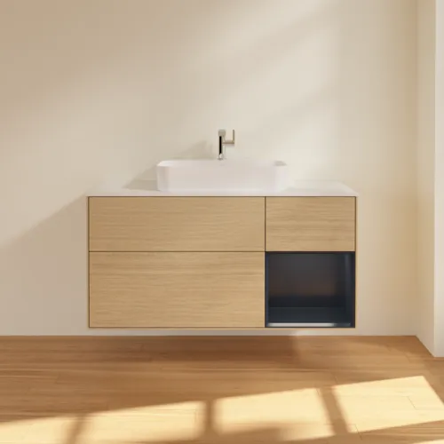 VILLEROY BOCH Toaletní skříňka Finion, s osvětlením, 3 výsuvy, 1200 x 603 x 501 mm, dubová dýha / půlnočně modrý matný lak / bílé matné sklo #F421HGPC, obrázek 3