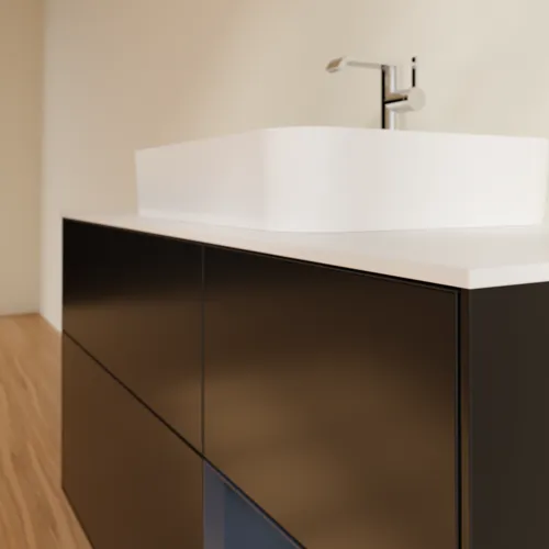 VILLEROY BOCH Toaletní skříňka Finion, s osvětlením, 3 výsuvy, 1200 x 603 x 501 mm, černý matný lak / půlnoční modrý matný lak / bílé matné sklo #F421HGPD, obrázek 6