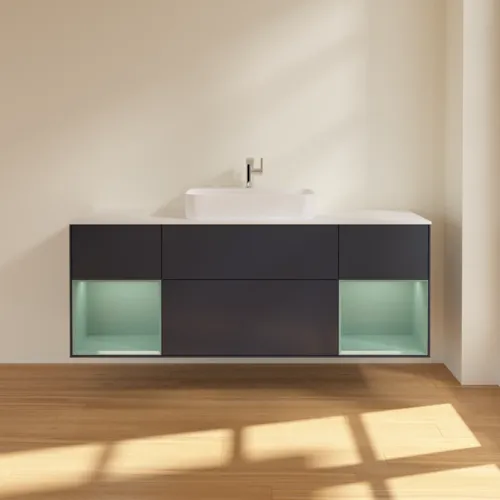VILLEROY BOCH Toaletní skříňka Finion, s osvětlením, 4 výsuvy, 1600 x 603 x 501 mm, Midnight Blue Matt Lacquer / Olive Matt Lacquer / Glass White Matt #F451GMHG, obrázek 3