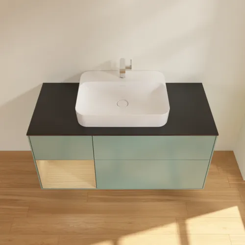 VILLEROY BOCH Toaletní skříňka Finion, s osvětlením, 3 výsuvy, 1200 x 603 x 501 mm, olivový matný lak / dubová dýha / sklo černé matné #F412PCGM, obrázek 4