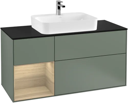 VILLEROY BOCH Toaletní skříňka Finion, s osvětlením, 3 výsuvy, 1200 x 603 x 501 mm, olivový matný lak / dubová dýha / sklo černé matné #F412PCGM, obrázek 1