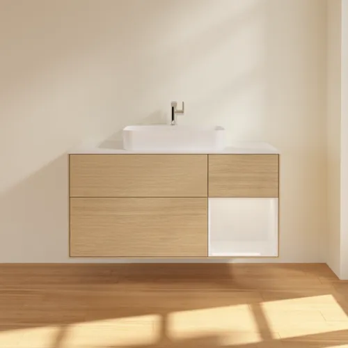 VILLEROY BOCH Toaletní skříňka Finion, s osvětlením, 3 výsuvy, 1200 x 603 x 501 mm, dubová dýha / lesklý bílý lak / sklo bílé matné #F421GFPC, obrázek 3
