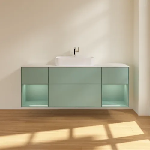 VILLEROY BOCH Toaletní skříňka Finion, s osvětlením, 4 výsuvy, 1600 x 603 x 501 mm, olivově matný lak / olivově matný lak / sklo bílé matné #F451GMGM, obrázek 2