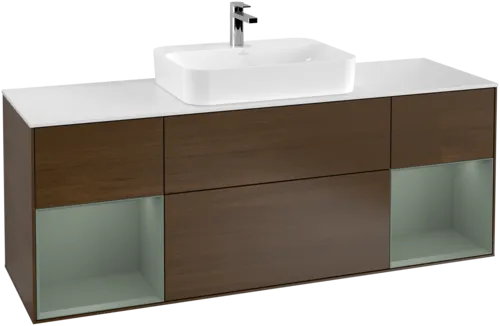 VILLEROY BOCH Toaletní skříňka Finion, s osvětlením, 4 výsuvy, 1600 x 603 x 501 mm, ořechová dýha / olivový matný lak / sklo bílé matné #F451GMGN