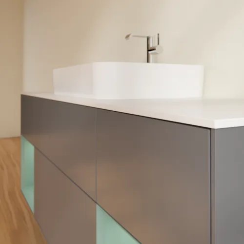 VILLEROY BOCH Toaletní skříňka Finion, s osvětlením, 4 výsuvy, 1600 x 603 x 501 mm, antracitový matný lak / olivový matný lak / bílé matné sklo #F451GMGK, obrázek 3