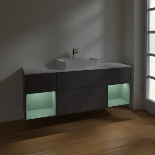 VILLEROY BOCH Toaletní skříňka Finion, s osvětlením, 4 výsuvy, 1600 x 603 x 501 mm, antracitový matný lak / olivový matný lak / bílé matné sklo #F451GMGK, obrázek 2