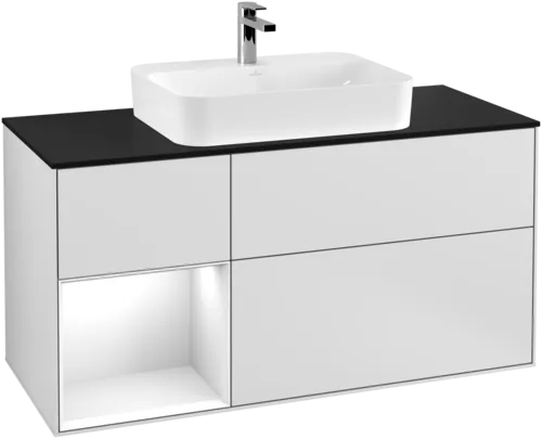 VILLEROY BOCH Toaletní skříňka Finion, s osvětlením, 3 výsuvy, 1200 x 603 x 501 mm, bílý matný lak / bílý lesklý lak / černé matné sklo #F412GFMT