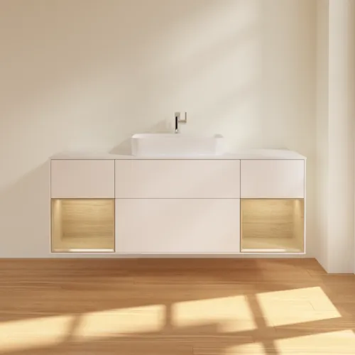 VILLEROY BOCH Toaletní skříňka Finion, s osvětlením, 4 výsuvy, 1600 x 603 x 501 mm, bílý matný lak / dubová dýha / sklo bílé matné #F451PCMT, obrázek 3